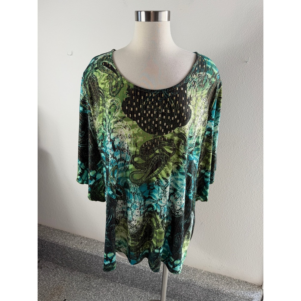 JM Collection Woman Plus 3X Teal Black Paisley Studded Scoop Neck Blouse Top